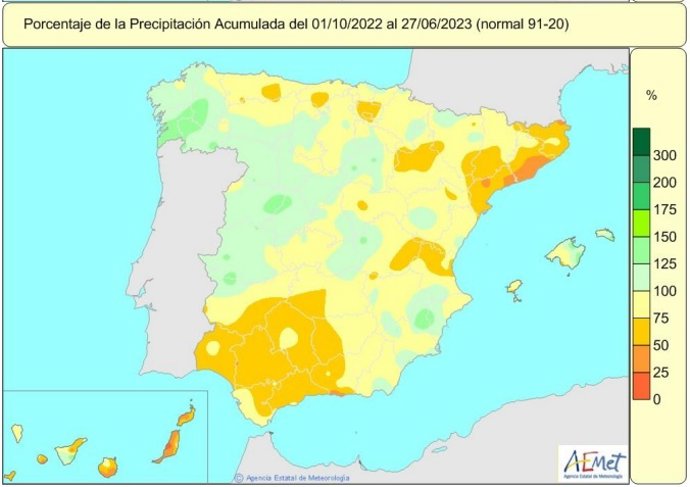 La falta de lluvias acumulada en España del 1 de octubre de 2022 al 27 de junio de 2023 es del 15%.