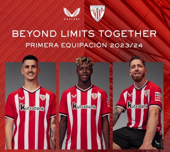 Sancet, Nico Williams y Muniain posan con la camiseta del Athletic Club para la temporada 23-24