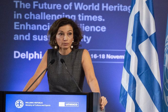 Archivo - FILED - 17 November 2022, Greece, Delphi: Director General of UNESCO Audrey Azoulay delivers an opening speech at an international conference during the 50th anniversary celebration for Unesco's World Heritage Site. Photo: Socrates Baltagianni