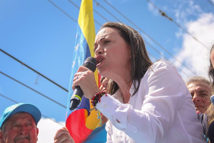 Archivo - May 18, 2023, Delcias, Tachira, Venezuela: Maria Corina Machado make speeches during her campaign rally. Opposition leader María Corina Machado started her campaign for the primary elections with a political tour in the western Venezuelan border