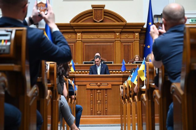 Pedro Sánchez interviene ante el Parlamento de Ucrania, el 1 de julio de 2023.