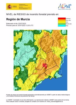 El riesgo de incendio forestal previsto para este lunes es muy alto en la mayor parte de la Región