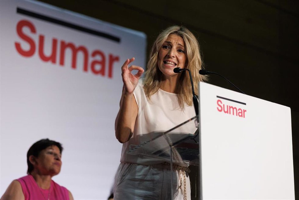 La vicepresidenta segunda, ministra de Trabajo y Economía Social y líder de Sumar, Yolanda Díaz, participa en un acto de precampaña electoral, en el Palacio de Congresos de Toledo, a 2 de julio de 2023, en Toledo, Castilla-La Mancha (España).