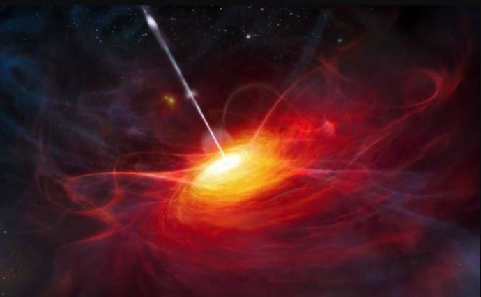 Representación artística del disco de acreción en ULAS J1120+0641, un quásar muy distante impulsado por un agujero negro supermasivo con una masa dos mil millones de veces mayor que la del Sol.