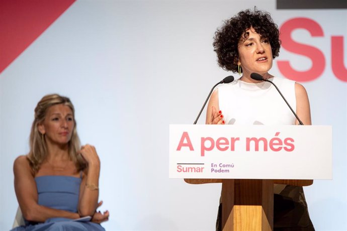 La número 1 de lista de Sumar en Barcelona, Aina Vidal, interviene en un acto del partido, en el auditorio San Ildefonso, a 25 de junio de 2023, en Cornell de Llobregat, Barcelona, Catalunya (España). Este mitin de precampaña se produce de cara a la ce