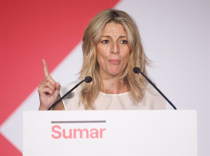 La vicepresidenta segunda, ministra de Trabajo y Economía Social y líder de Sumar, Yolanda Díaz, participa en un acto de precampaña electoral, en el Palacio de Congresos de Toledo, a 2 de julio de 2023, en Toledo, Castilla-La Mancha (España). Yolanda Dí