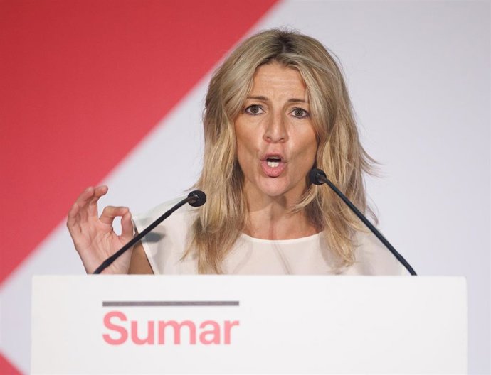 La vicepresidenta segunda, ministra de Trabajo y Economía Social y líder de Sumar, Yolanda Díaz, participa en un acto de precampaña electoral, en el Palacio de Congresos de Toledo, a 2 de julio de 2023, en Toledo, Castilla-La Mancha (España). 