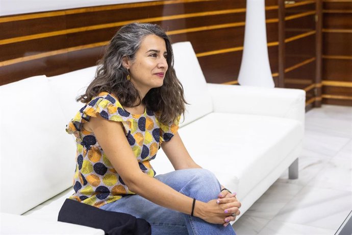 La portavoz de Unidas por Extremadura, Irene de Miguel, durante la ronda de contactos con la presidenta de la Asamblea de Extremadura 