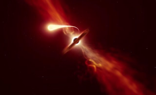 Esta ilustración muestra una estrella (en primer plano) experimentando una espaguetificación cuando es succionada por un agujero negro supermasivo (en el fondo) durante un "evento de interrupción de marea".