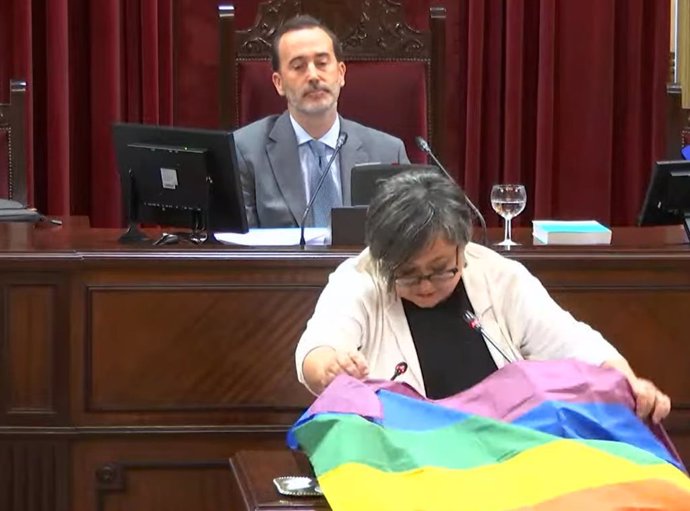 La diputada parlamentaria de Unidas Podemos, Cristina Gómez, ha sacado y exhibido la bandera LGTBI en la segunda sesión de investidura del Parlament.