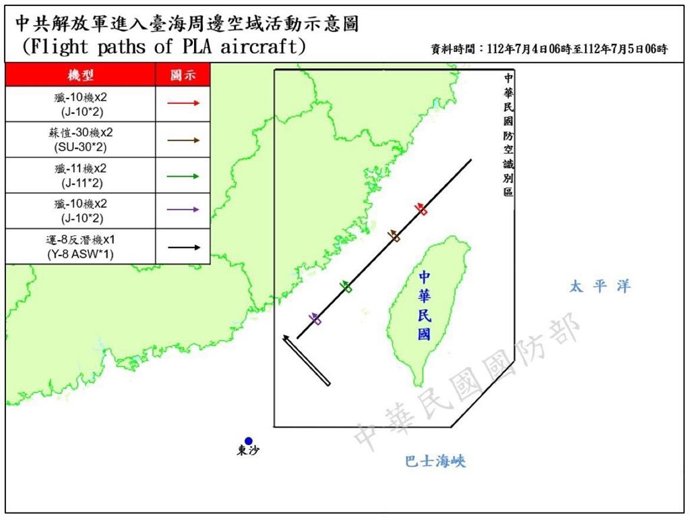 Mapa de las incursiones de cazas chinos en el espacio aéreo de Taiwán