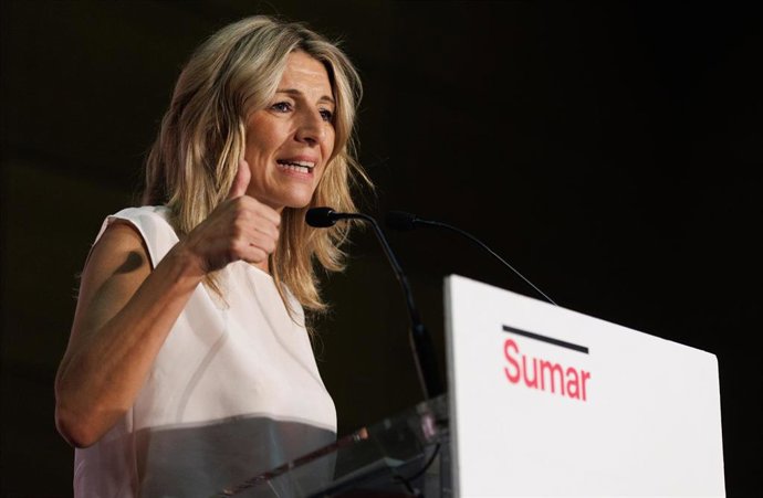 La vicepresidenta segunda, ministra de Trabajo y Economía Social y líder de Sumar, Yolanda Díaz, participa en un acto de precampaña electoral, en el Palacio de Congresos de Toledo, a 2 de julio de 2023, en Toledo, Castilla-La Mancha (España). 