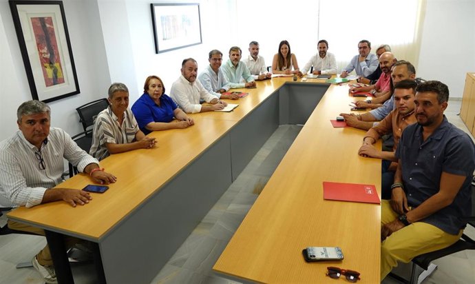 El coordinador de la campaña del 23J del PSOE-A, Antonio Gutiérrez Limones; al secretario de Organización del PSOE de Málaga, José Bernal, y la candidata socialista al Congreso de los Diputados, Mari Nieves Ramírez, en una reunión con el comité electoral
