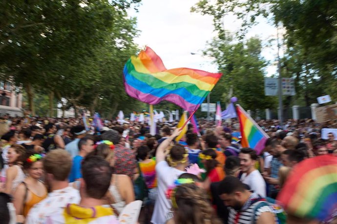 Varias personas participan en la manifestación del Orgullo LGTBI+ 2023, a 1 de julio de 2023, en Madrid (España).