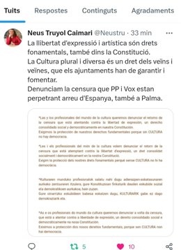 Mensaje de Neus Truyol en redes sociales.