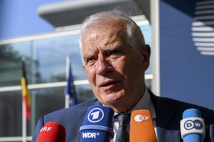 HANDOUT - 26 June 2023, Luxembourg: Josep Borrell, EU High Representative for Foreign Affairs and Security Policy, speaks to the media as he arrives to attend the EU Foreign Ministers meeting in Luxembourg. Photo: -/EU Council/dpa