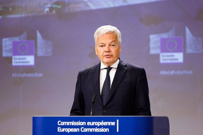 HANDOUT - 04 July 2023, Belgium, Brussels: European Commissioner for Justice Didier Reynders gives a press conference on the harmonization of the procedural rules of the General Data Protection Regulation (GDPR). Photo: Christophe Licoppe/European Commi