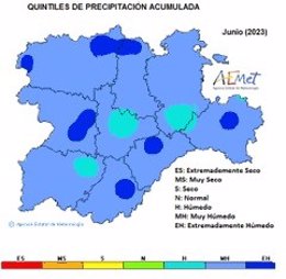 Mapa elaborado por la Aemet sobre el balance de precipitaciones en CyL en el mes de junio
