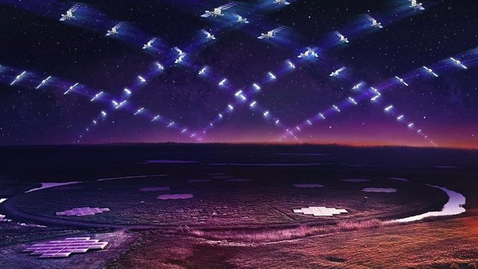 Impresión artística de una gran constelación de satélites en órbita terrestre baja dando vueltas sobre el telescopio LOFAR.