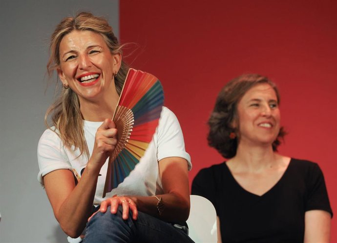 La candidata de Sumar, Yolanda Díaz, participa en un acto junto a candidatos de la formación en Valladolid al Congreso de los Diputados y el Senado, en el Teatro Cervantes, a 5 de julio de 2023, en Valladolid, Castilla y León (España). 