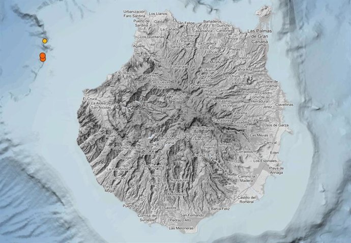 Mapa  del IGN de la isla de Gran Canaria con la ubicación de los tres terremotos de este jueves