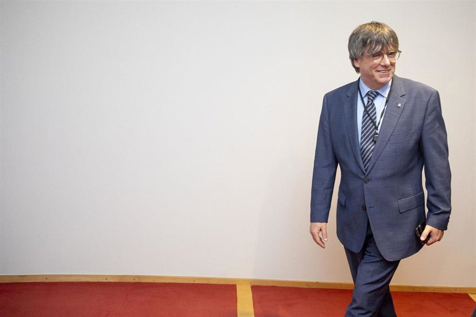 Catalan leader in exile Carles Puigdemont pictured during a press conference regarding the evaluation of the sentence of the Court of the European Union on the lifting of the euro-parliamentary immunity of Catalan leader Puigdemont and separatists Comin