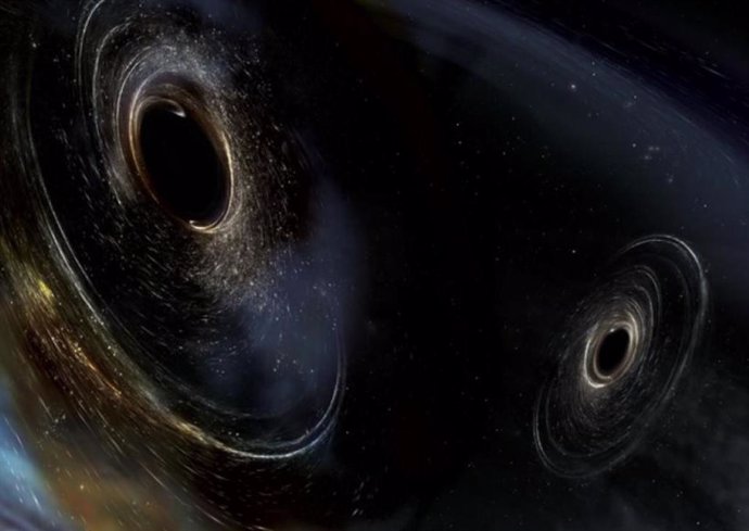 La concepción del artista muestra dos agujeros negros fusionados similares a los detectados por LIGO.