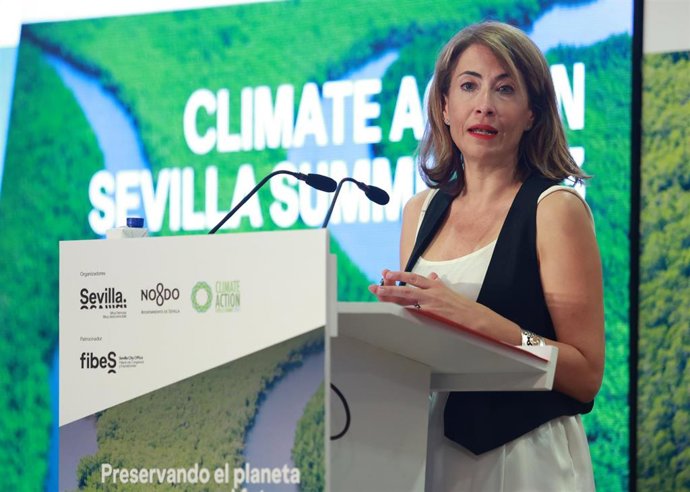 La ministra de Transportes, Raquel Sánchez, en la clausura del Climate Action Sevilla Summit 2023.
