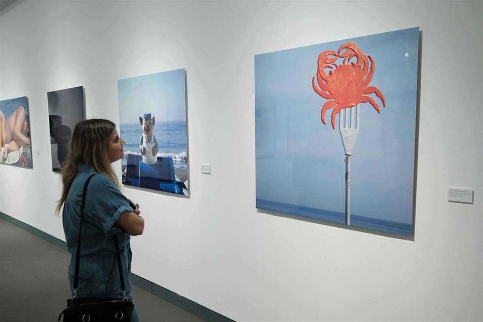 Una mujer contempla uno de los cuadros de la exposición.