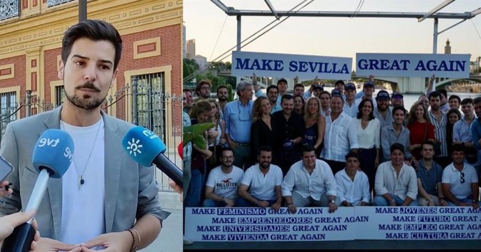 A la izquierda, el secretario general de las Juventudes Socialistas de Sevilla (JSA), Rubén Manrique, y a la derecha la presentación de la campaña de Nuevas Generaciones del PP.