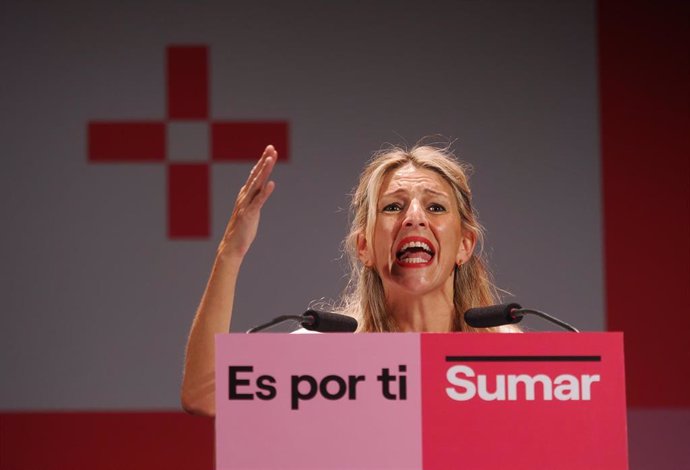 La ministra de Trabajo y candidata de Sumar a la Presidencia del Gobierno, Yolanda Díaz, durante un acto de campaña este miércoles en Valladolid