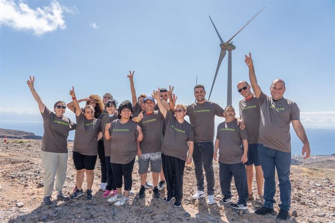 Jóvenes de la Asociación de Diversidad Funcional de La Gomera en una visita a un parque eólico de La Gomera de Ecoener