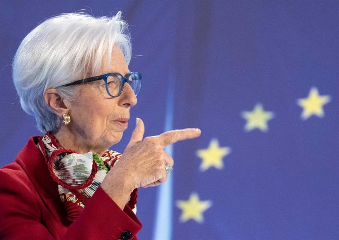 Archivo - 16 March 2023, Hesse, Frankfurt_Main: Christine Lagarde, President of the European Central Bank (ECB) speaks at a press conference on the Bank's current Governing Council meeting. Photo: Boris Roessler/dpa