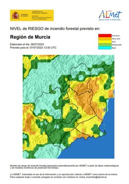 El nivel de riesgo de incendio forestal previsto para este viernes es muy alto en la Vega Alta-Ricote-Murcia