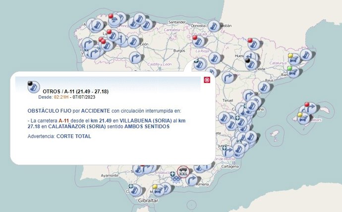 Captura de la información ofrecida por la DGT sobre el corte total en la A-11