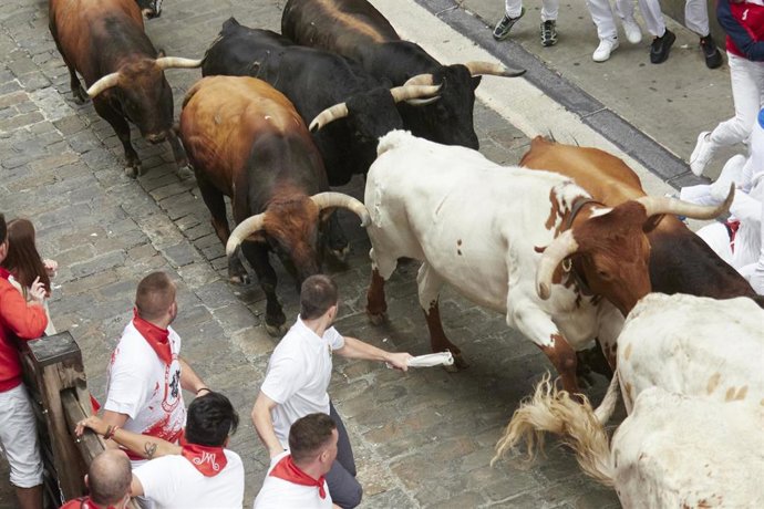 Multitud de personas corren durante el primer encierro de las Fiestas de San Fermín 2023, con toros de La Palmosilla, a 7 de julio de 2023, en Pamplona, Navarra (España). Seis corredores han sido trasladados con heridas y contusiones tras el primer enci