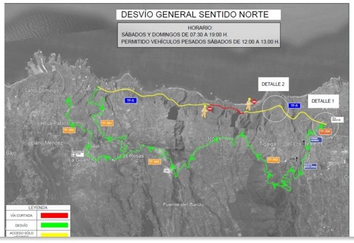 Desvíos de tráfico en la TF-5 por las obras de mejora de los taludes entre San Juan de la Rambla y Los Realejos