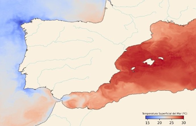 Mapa de la temperatura superficial del mar de julio de 2022, según datos del Copernicus Marine Service