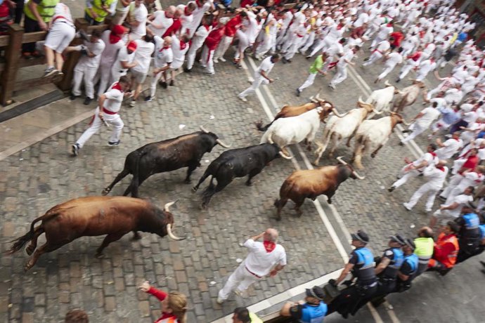 Imagen del primer encierro de las fiestas de San Fermín 2023, con toros de La Palmosilla
