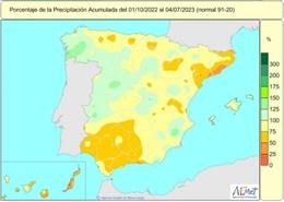 Las lluvias acumuladas en España en lo que va de año hidrológico (1 de octubre de 2022-4 de julio 2023) están un 14% por debajo de lo normal.