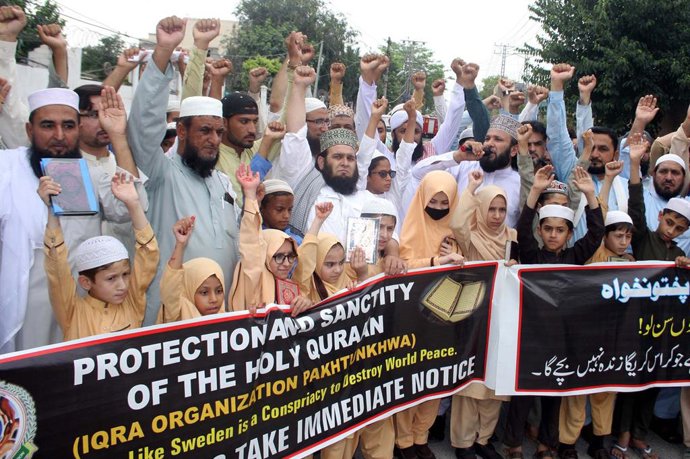 July 6, 2023, Pakistan: PESHAWAR, PAKISTAN, JUL 06: Members of Iqra Organization KPK are holding protest .demonstration against desecration of Holy Quran in Sweden, at Peshawar press club on .Thursday, July 6, 2023.