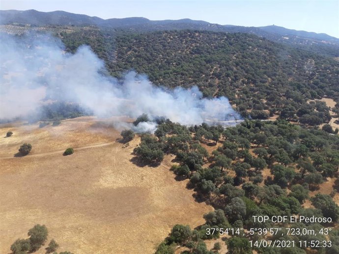 Archivo - Incendio declarado en Cazalla de la Sierra