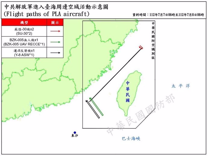 Mapa de las incursiones de cazas chinos en el espacio aéreo de Taiwán