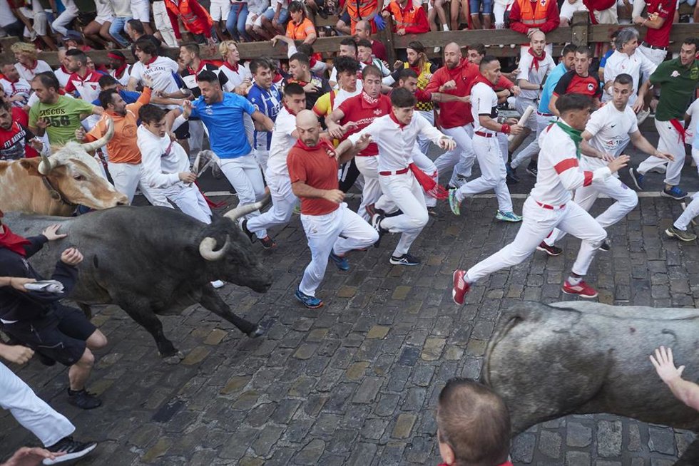 Un momento del segundo encierro de los Sanfermines de 2023 protagonizado por los toros de José Escolar Gil.