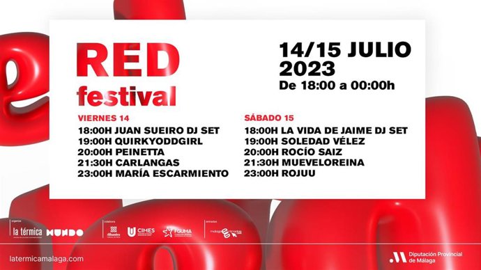 Cartel con horarios de las actuaciones musicales del RED Festival, que se celebra el viernes 14 y el sábado 15 de julio.