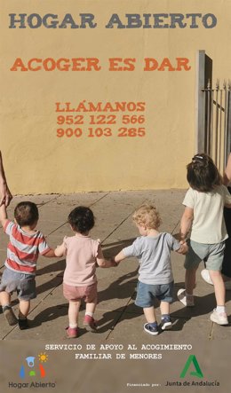Cartel de Hogar Abierto de Málaga sobre el acogimiento familiar.