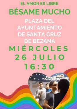 Cartel de la 'quedada de besos' convocada para el 26 de julio frente al Ayuntamiento de Santa Cruz de Bezana en protesta por la "censura" de retirar una película infantil en la que se besan dos mujeres