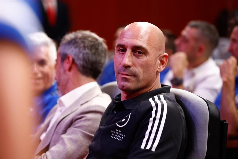 Luis Rubiales, President of RFEF, is seen during a press conference.