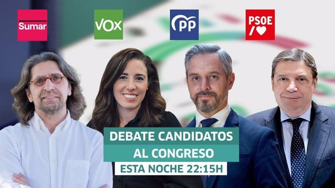 Candidatos que participarán en un debate a cuatro en Canal Sur de cara a las elecciones generales del 23J: de izquierda a derecha, Francisco Sierra, Rocío de Meer, Juan Bravo y Luis Planas.