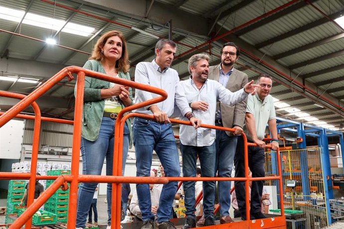El presidente del PP de Canarias, Manuel Domínguez, acompañado de Jimena Delegado, Sergio Ramos y Poli Suárez durante la visita a la Cooperativa Agrícola Llanos de Sardina de Gran Canaria, en Gáldar